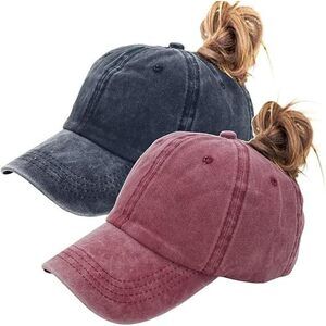 PONYTAIL BASEBALL HAT DISTRESSED RETRO WASHED WOMENS TWILL